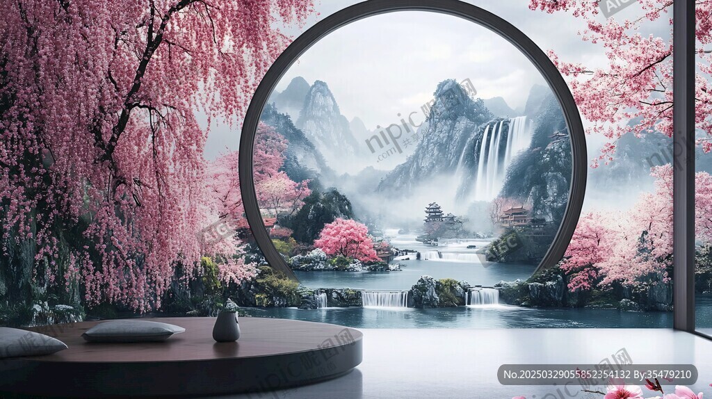 夢幻中式山水粉櫻室內(nèi)景