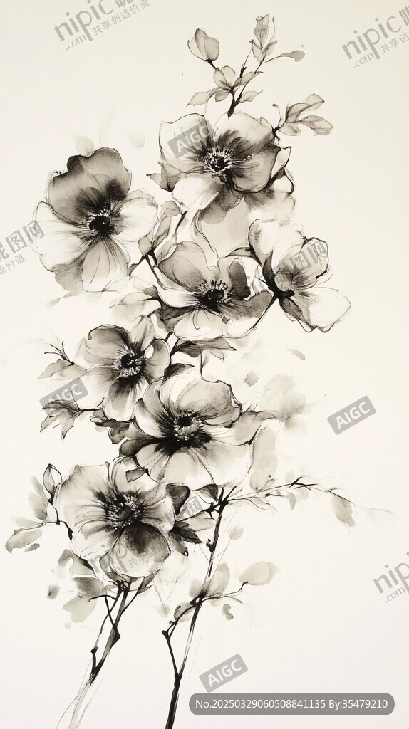 黑白花卉插畫 雅致花朵