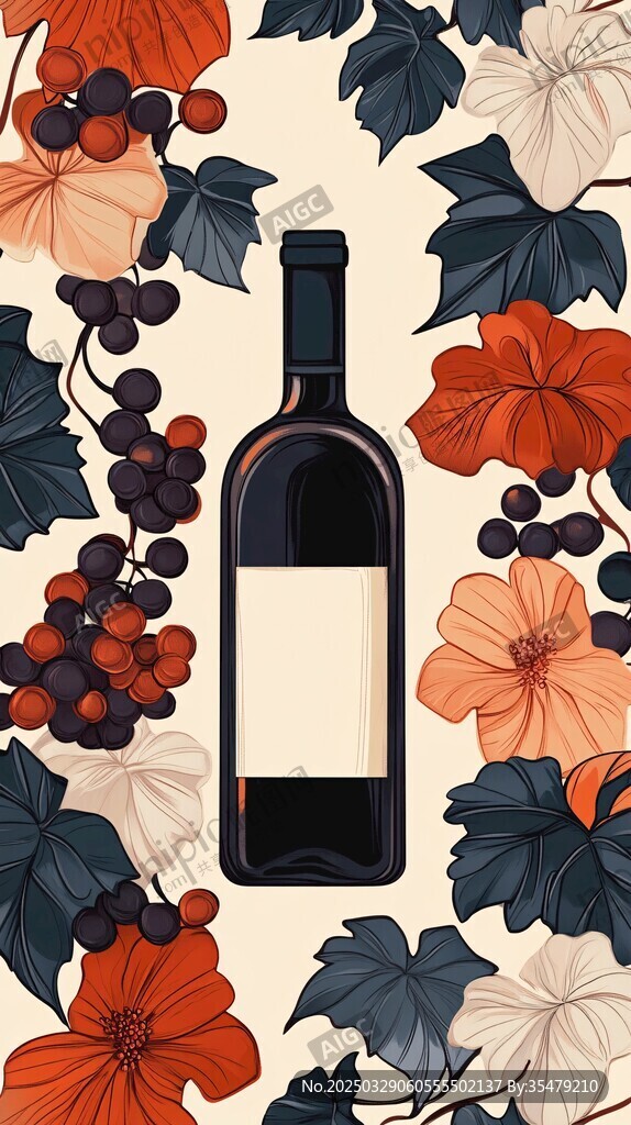 葡萄酒插畫 花卉環繞酒瓶