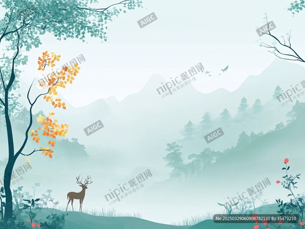 山林間的鹿與詩意景致