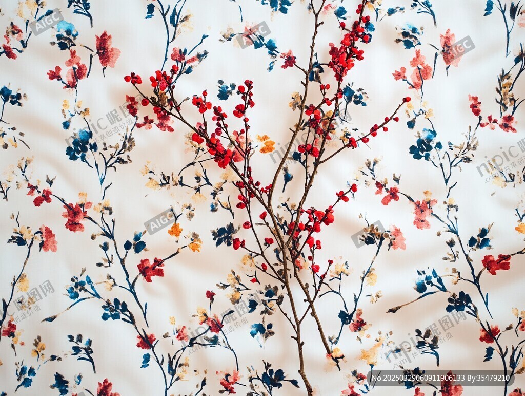 花卉布料上的紅色花枝