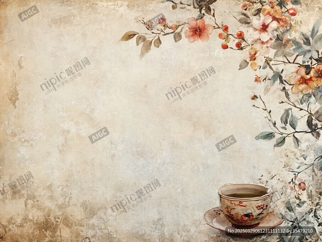 古風(fēng)花卉與雅致茶杯背景