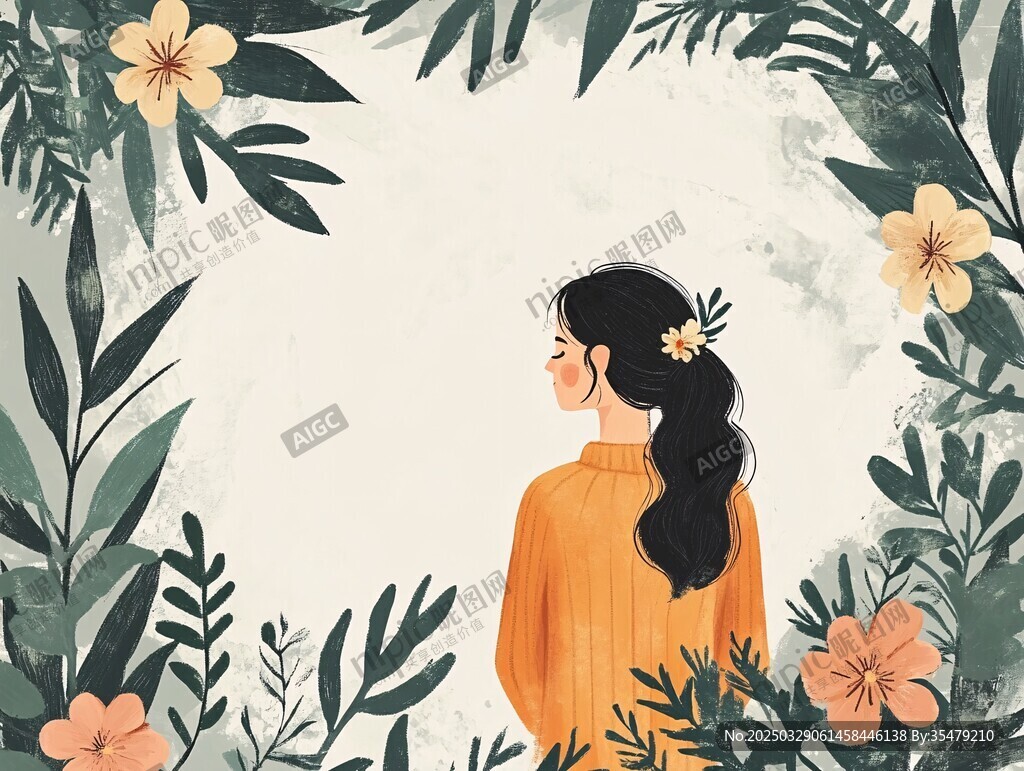 花叢中的長發女子背影