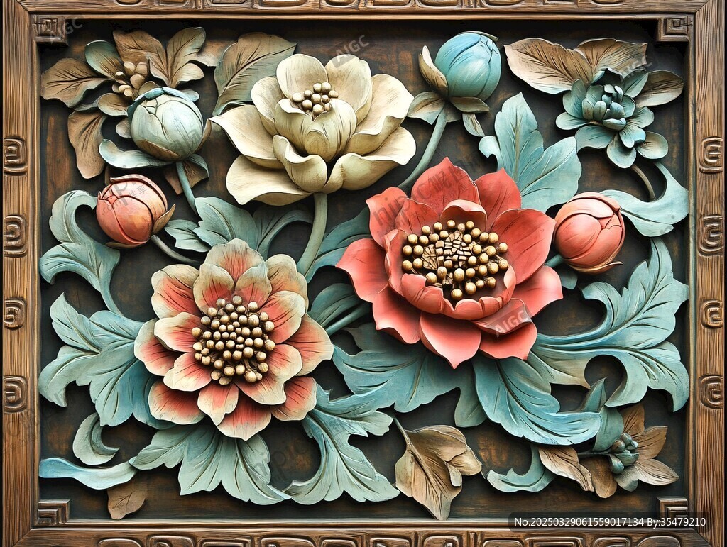 中式花卉木雕裝飾圖案
