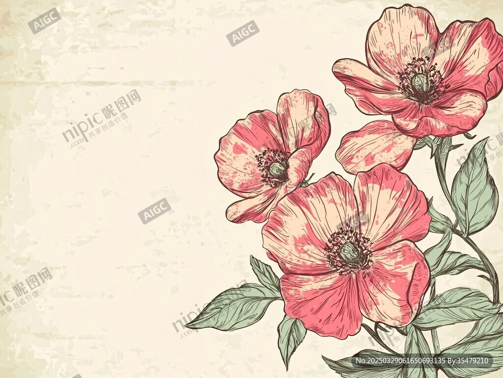 復(fù)古風(fēng)手繪粉色花卉插畫