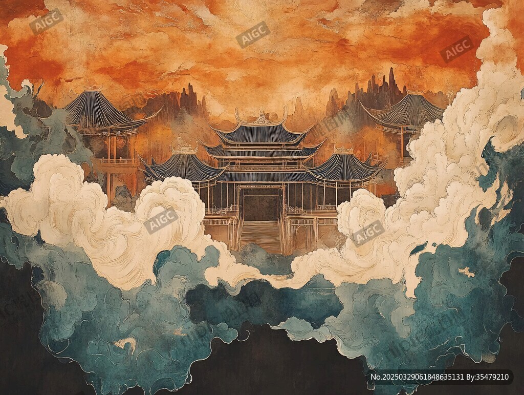 云霧繚繞中的古風樓閣
