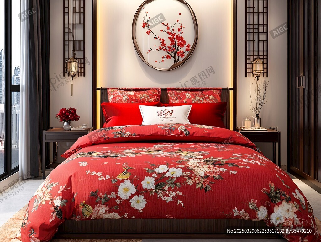 中式臥室的典雅紅色床品
