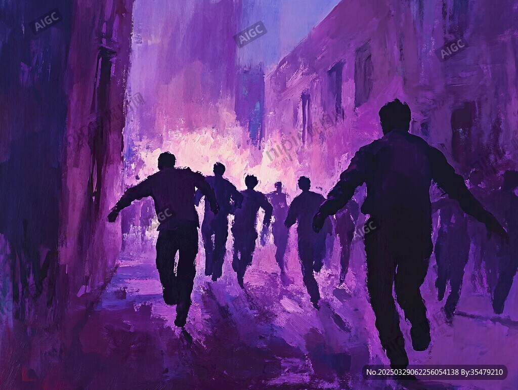 紫色街巷中人群奔跑剪影