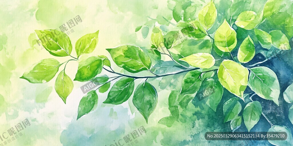 水彩繪翠綠枝葉清新畫面