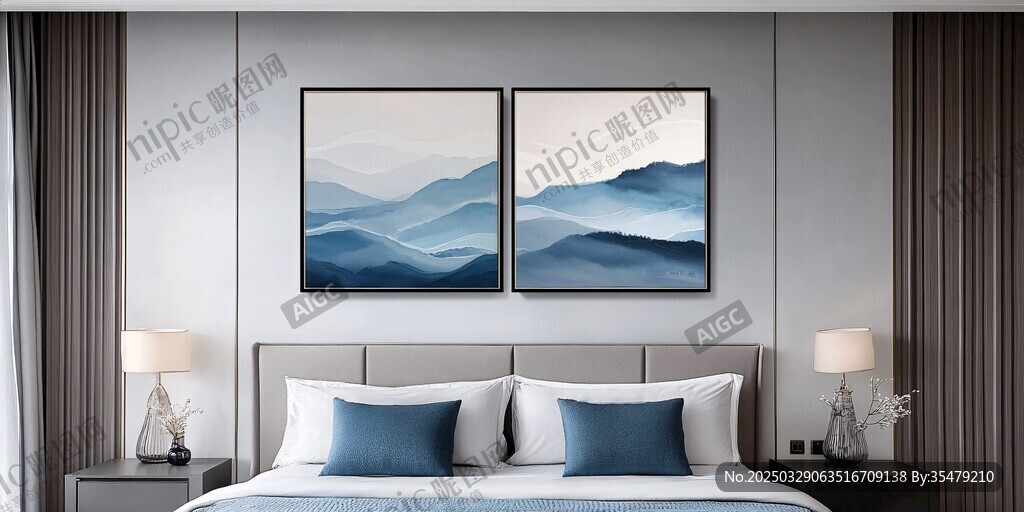 現(xiàn)代簡(jiǎn)約風(fēng)臥室的山水掛畫