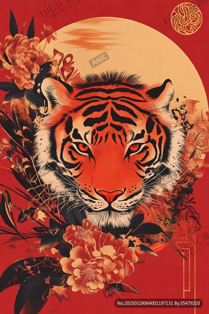 猛虎伴花迎祥瑞