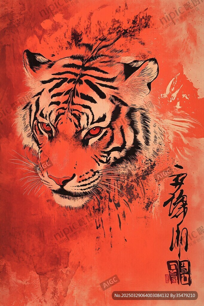 紅底水墨風威嚴老虎圖