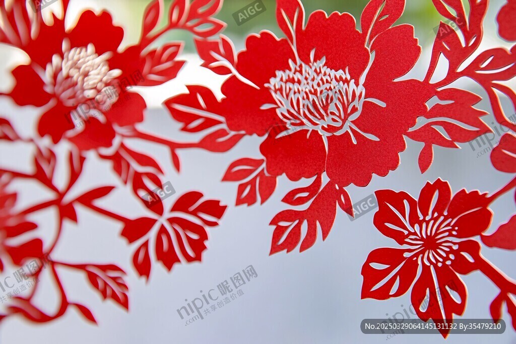 精美紅色花卉剪紙藝術
