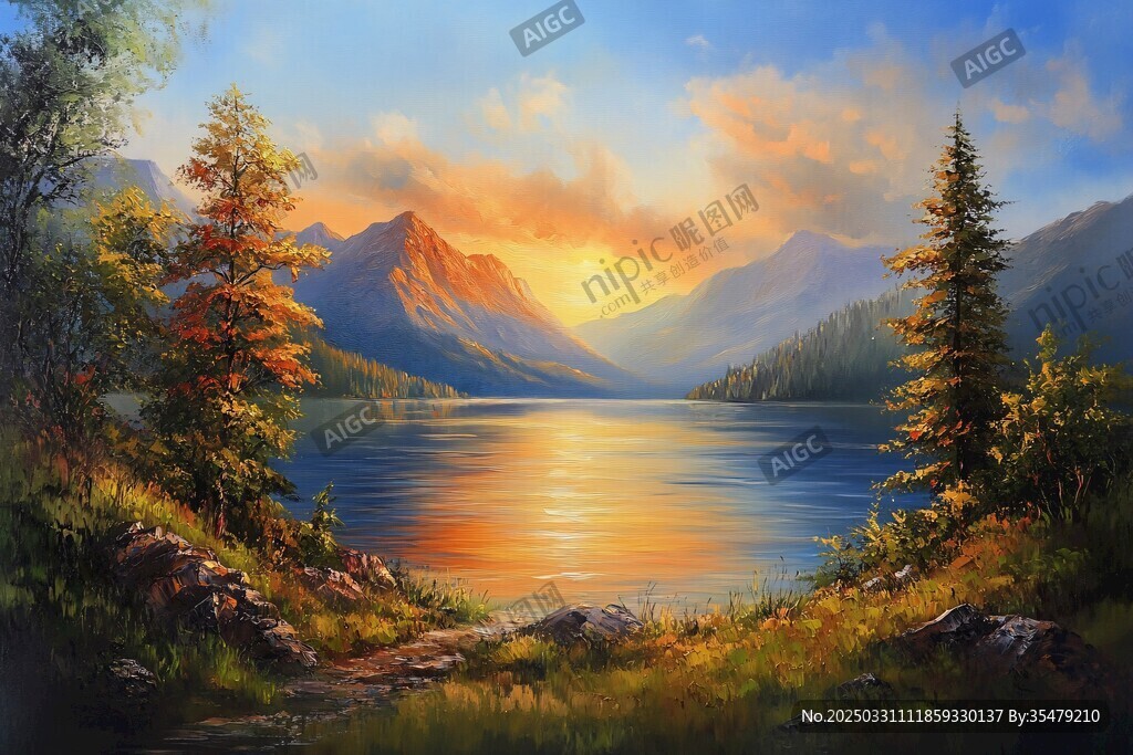 湖畔山林的絕美黃昏景象