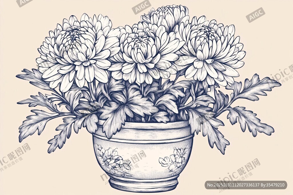 盆栽菊花手繪插畫