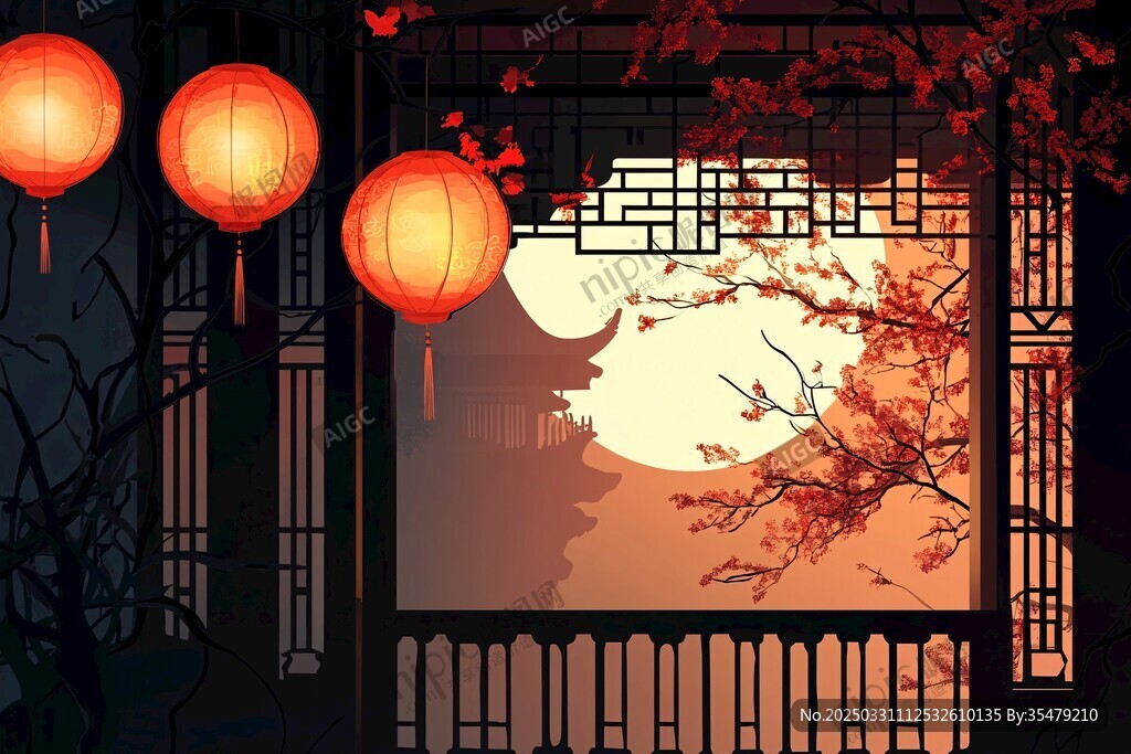月夜中式景 燈籠映古意