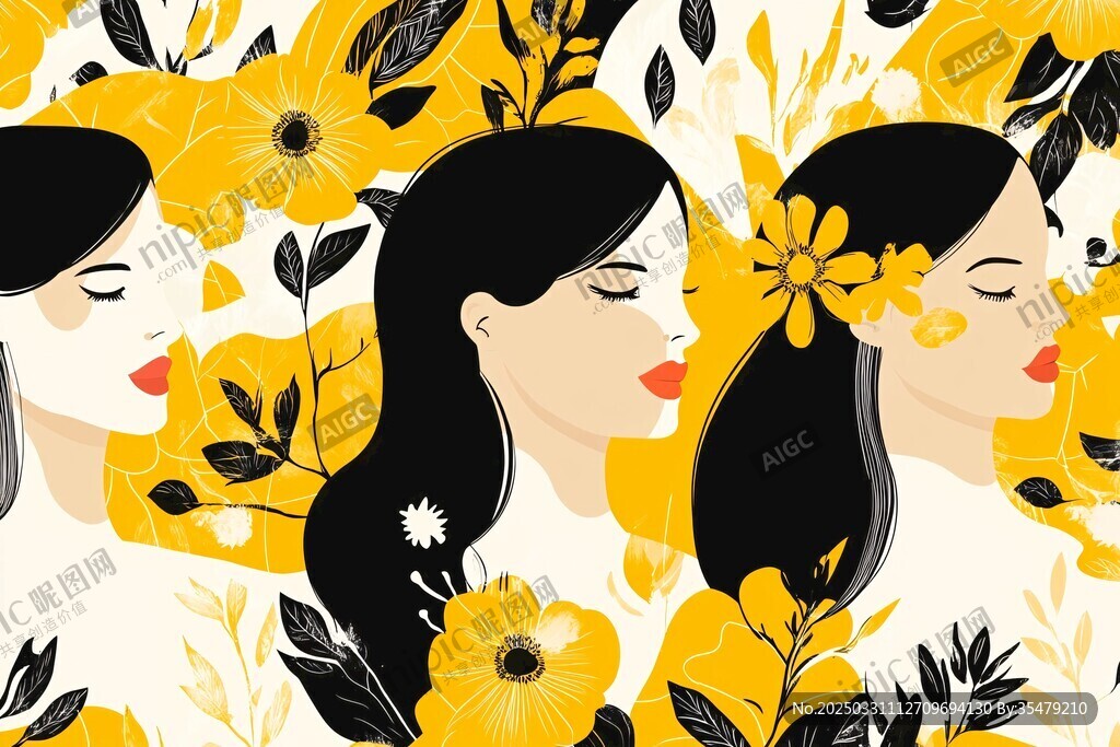 三位花漾女子的唯美插畫