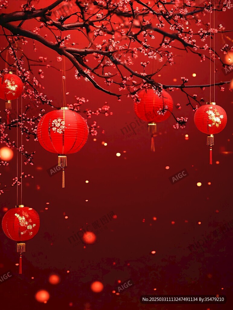 紅燈籠映繁花喜慶場景