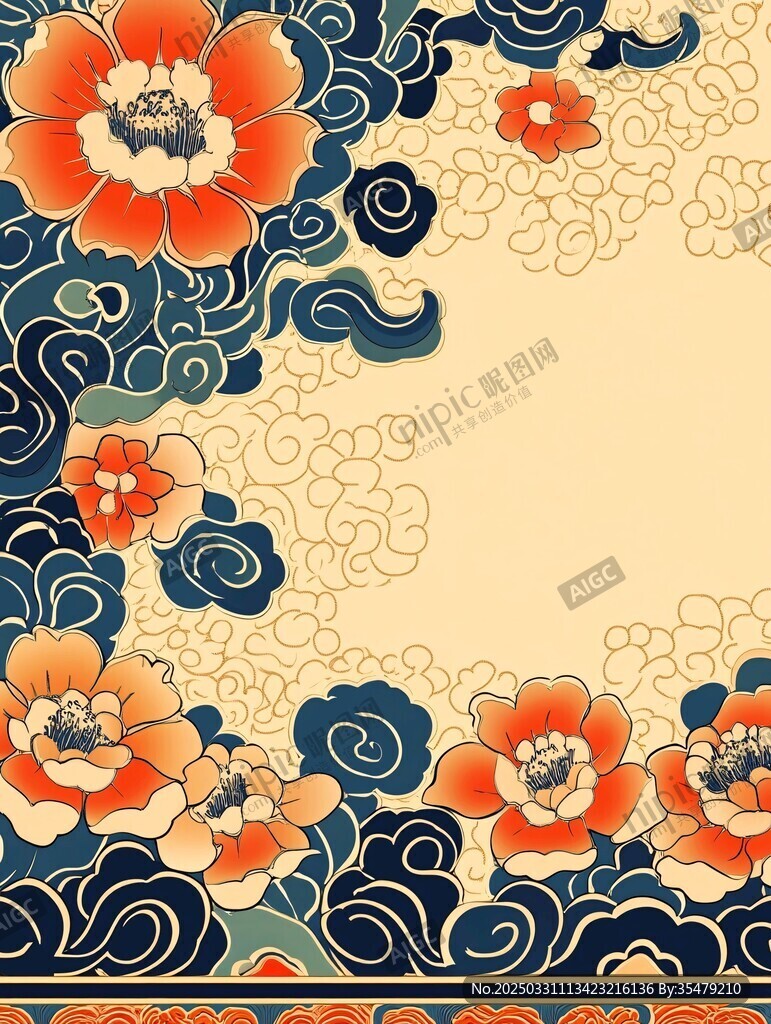 中式牡丹海浪復古風背景