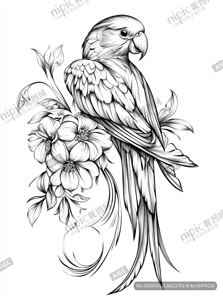 鸚鵡棲花黑白線條插畫