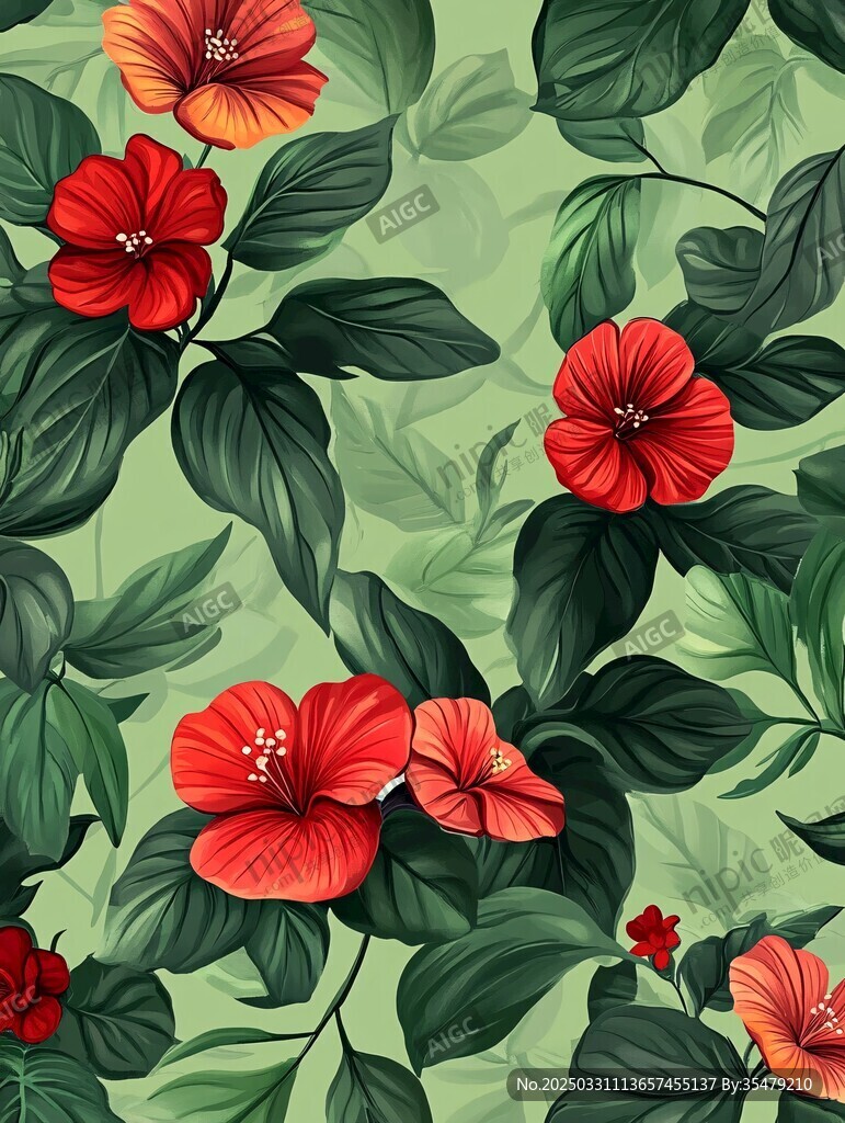 紅扶桑綠葉無縫花卉圖案