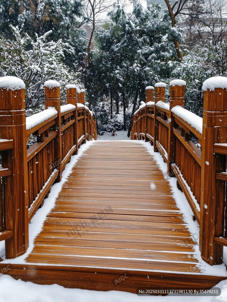 雪覆木橋 冬日靜謐景致