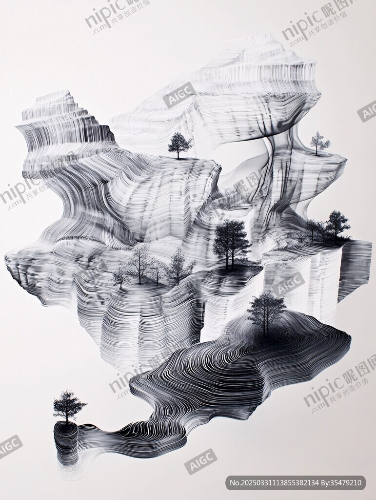 黑白水墨風懸浮山水景觀