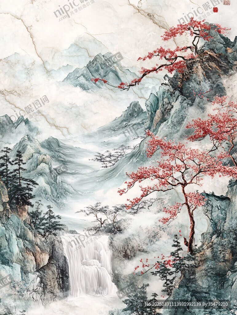 水墨山水間的爛漫紅楓