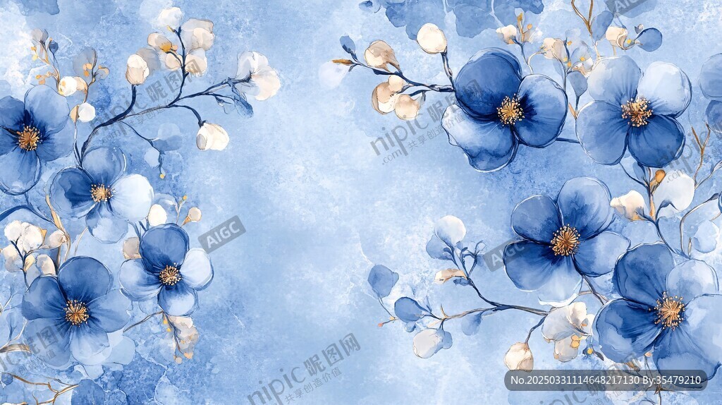 藍色花卉水彩夢幻背景圖