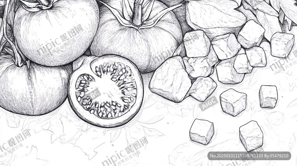 素描番茄與切塊靜物圖