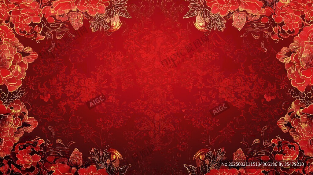 中式紅底繁花邊框背景圖