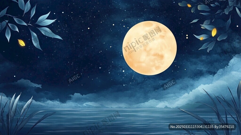 月夜湖畔夢幻自然景象