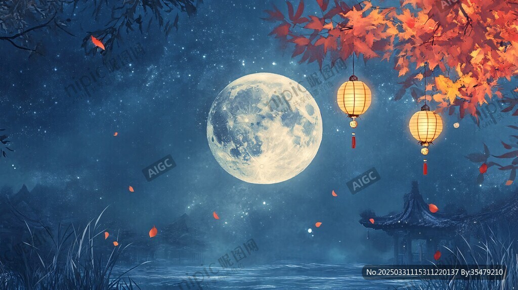 月夜秋景下的詩(shī)意中式畫(huà)面