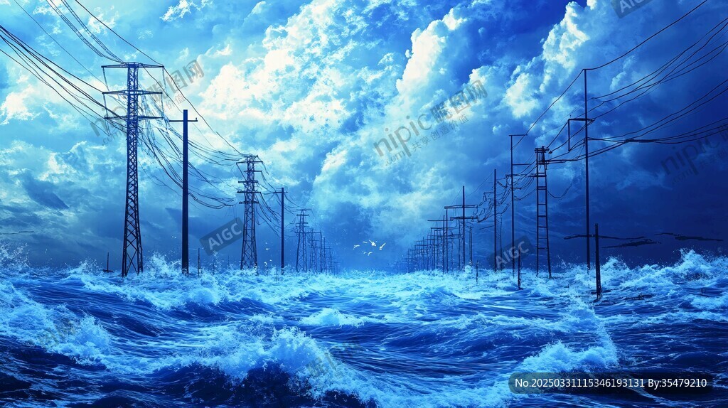 海浪中的電線桿奇幻景象