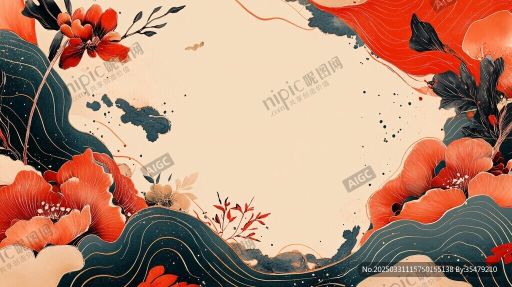 中式花卉海浪國風背景圖
