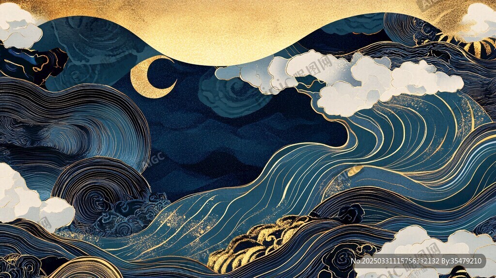 月夜海浪國風(fēng)插畫