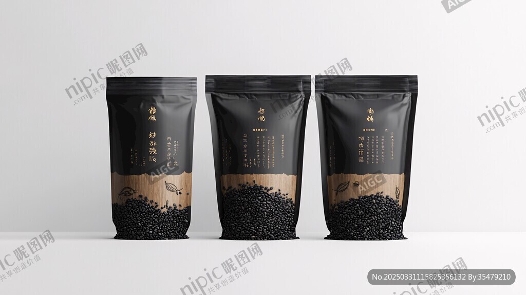 三袋精美包裝的黑色茶葉