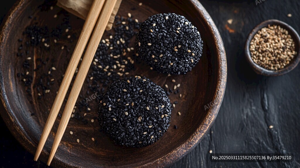 碗中黑芝麻丸與筷子場(chǎng)景