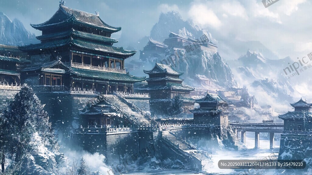 雪覆古風建筑群 山水相映