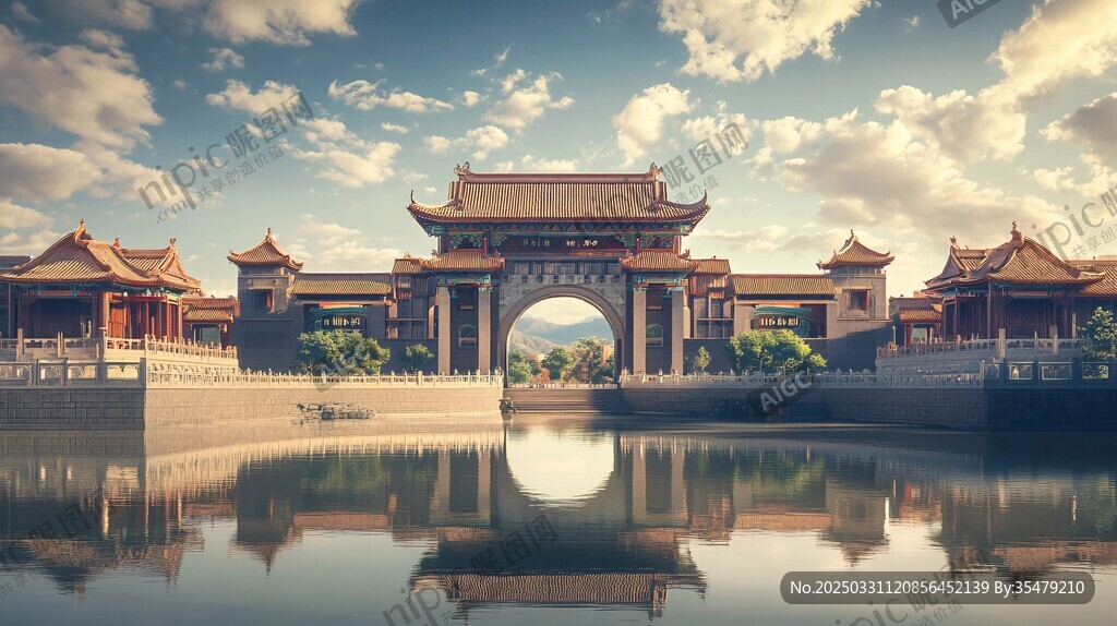 中式古典建筑的湖景風光