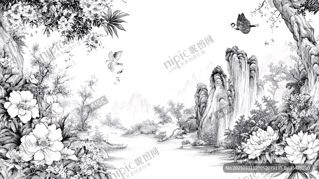 水墨花鳥山水詩意圖景