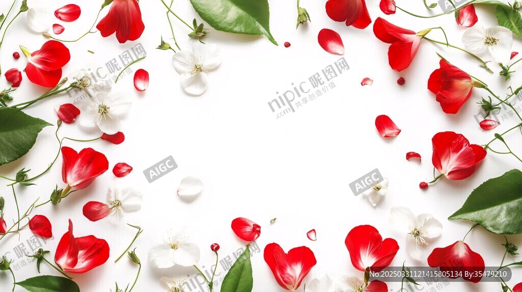 紅白花瓣綠葉組成的邊框