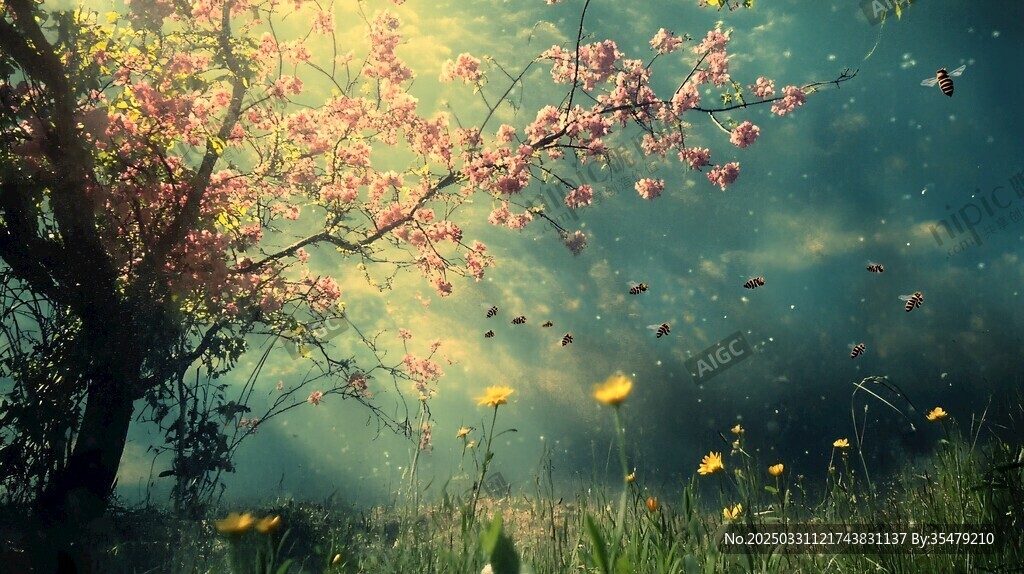夢(mèng)幻春日繁花草地美景