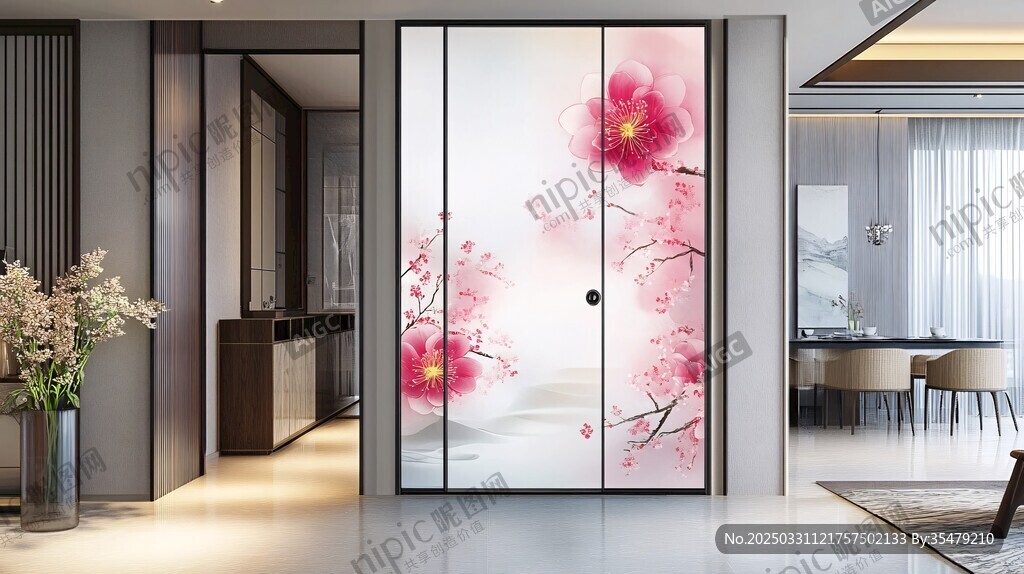 中式花卉圖案推拉門設(shè)計(jì)