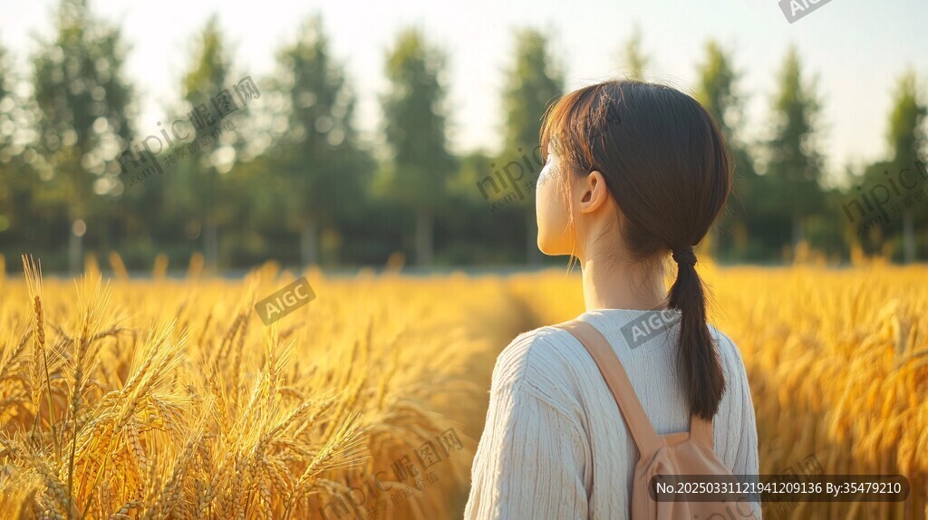 女孩漫步金色麥田賞景