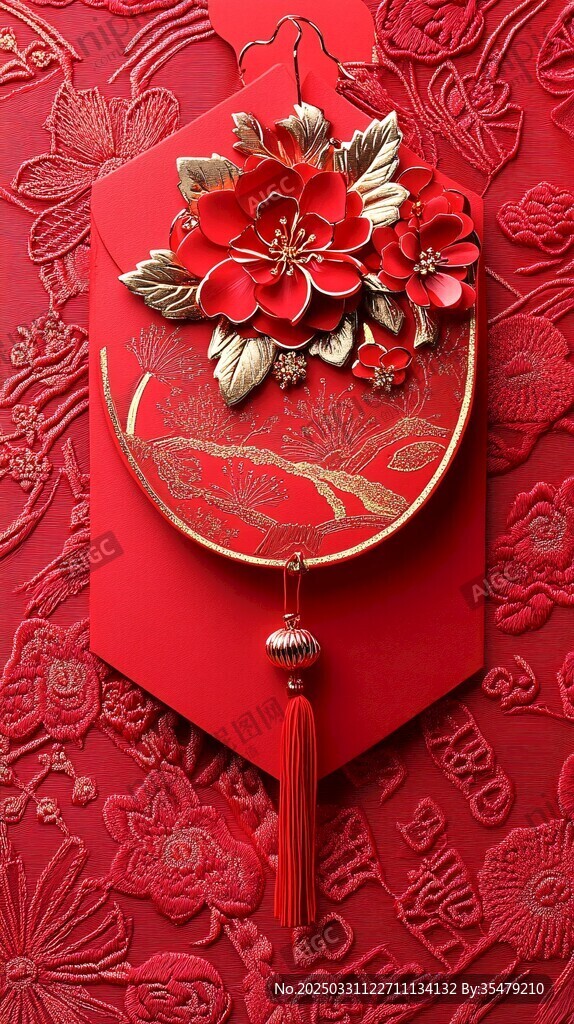中式紅底繁花精美掛飾