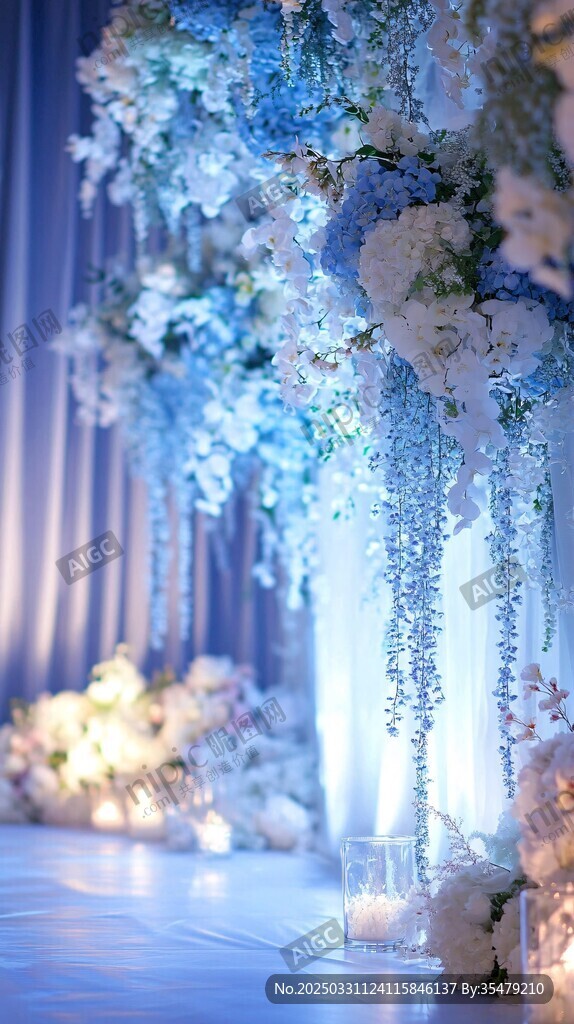 夢幻藍白花卉婚禮裝飾場景