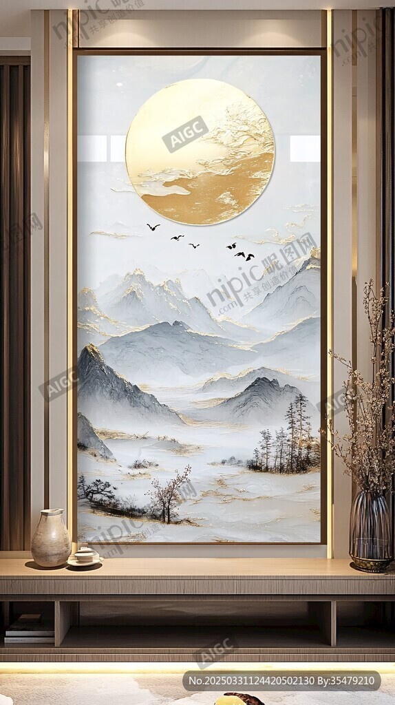 中式山水圓月玄關(guān)裝飾畫(huà)