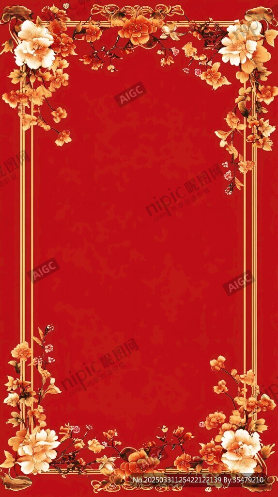 喜慶紅底花卉邊框背景圖