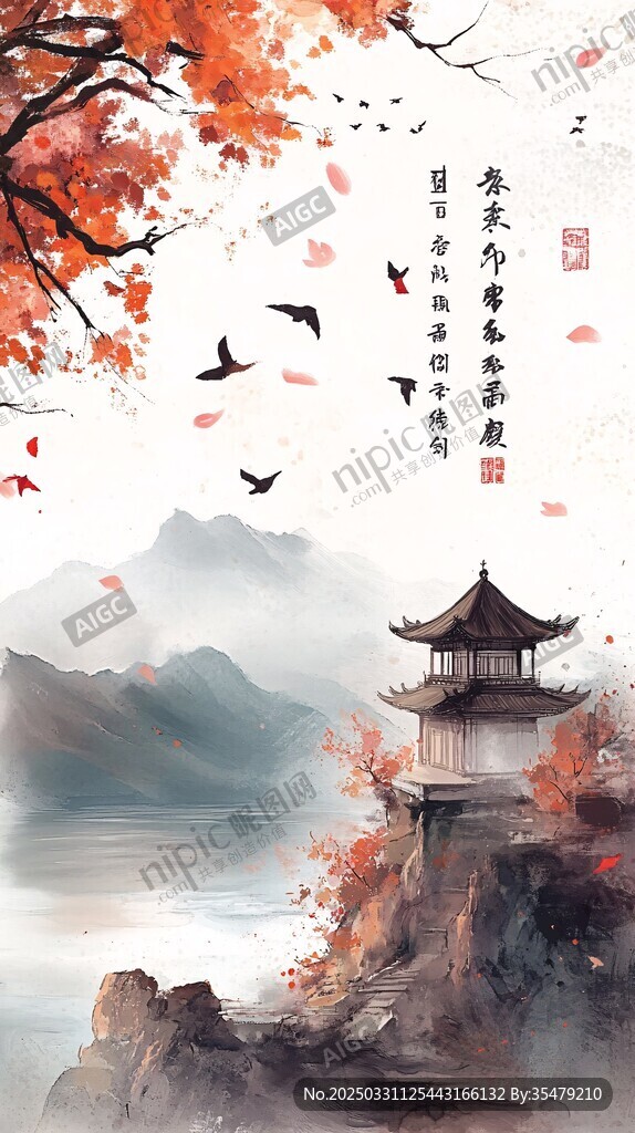 秋景中式山水亭閣圖